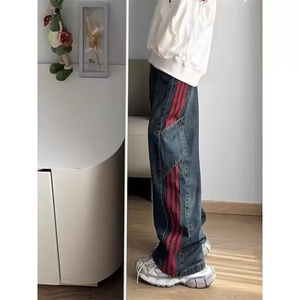 美式复古高街条纹拼接牛仔裤男款新款垂感直筒阔腿长裤LG1166-P43图片