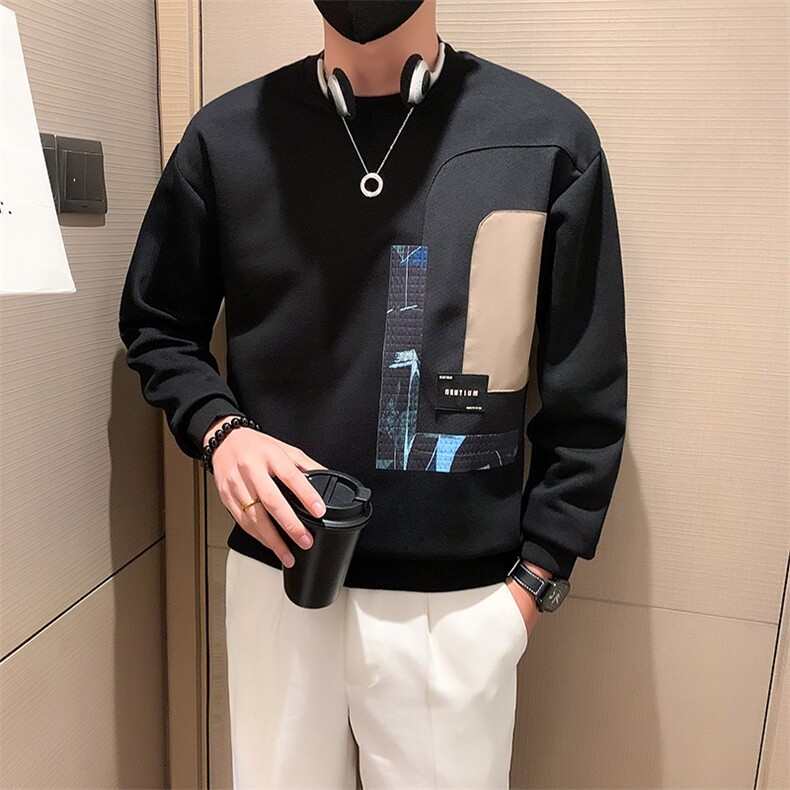 男士卫衣春秋季新款潮牌痞帅拼接圆领长袖打底衫休闲上衣WY02-P55图片