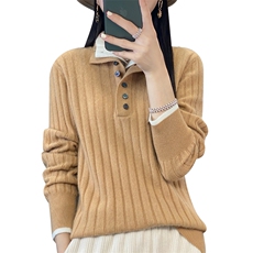 撞色POLO领假两件100%纯羊毛衫女2025新款气质保暖内搭针织毛衣冬，女装羊毛衫，昭美羊绒