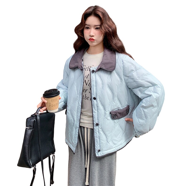 慵懒风撞色翻领两面穿格纹羽绒服女2025冬季新款日系温柔风厚外套,女装羽绒服,2D078