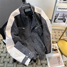 美式复古PU皮夹克男春秋季拼接宽松皮衣棒球领外套潮JK08553-P83，男装夹克，星座308B-1