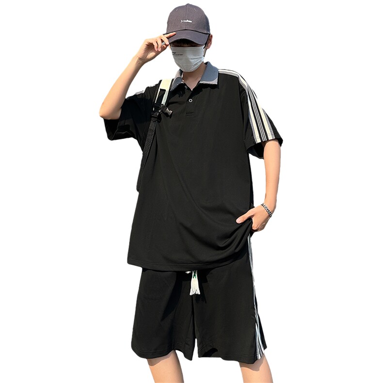 现货主推大码港风情侣休闲冰丝防晒polo日系运动套装男S19P65,男装休闲套装,电商B226