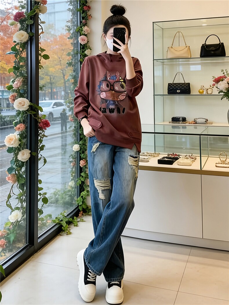 慵懒风时尚休闲运动套装女春新款连帽刺绣卡通上衣牛仔长裤两件套,女装套装/套裙,江南