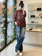 慵懒风时尚休闲运动套装女春新款连帽刺绣卡通上衣牛仔长裤两件套，女装套装/套裙，江南
