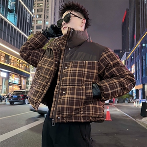 AY138/P128控168冬季社会小伙拼接撞色格子短款修身棉服男浅咖首图片