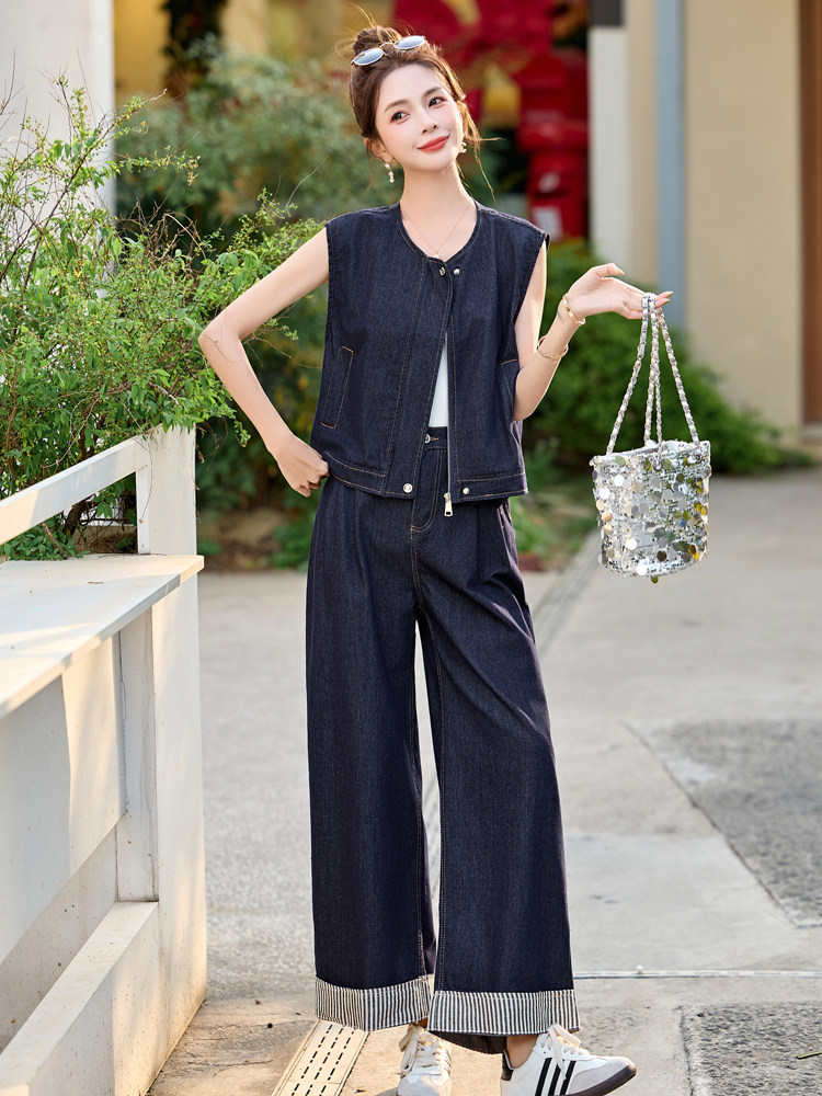 牛仔套装女2025夏新款韩系高级松弛感超火减龄休闲无袖一整套穿搭,女装套装/套裙,意芙