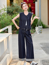 牛仔套装女2025夏新款韩系高级松弛感超火减龄休闲无袖一整套穿搭，女装套装/套裙，意芙
