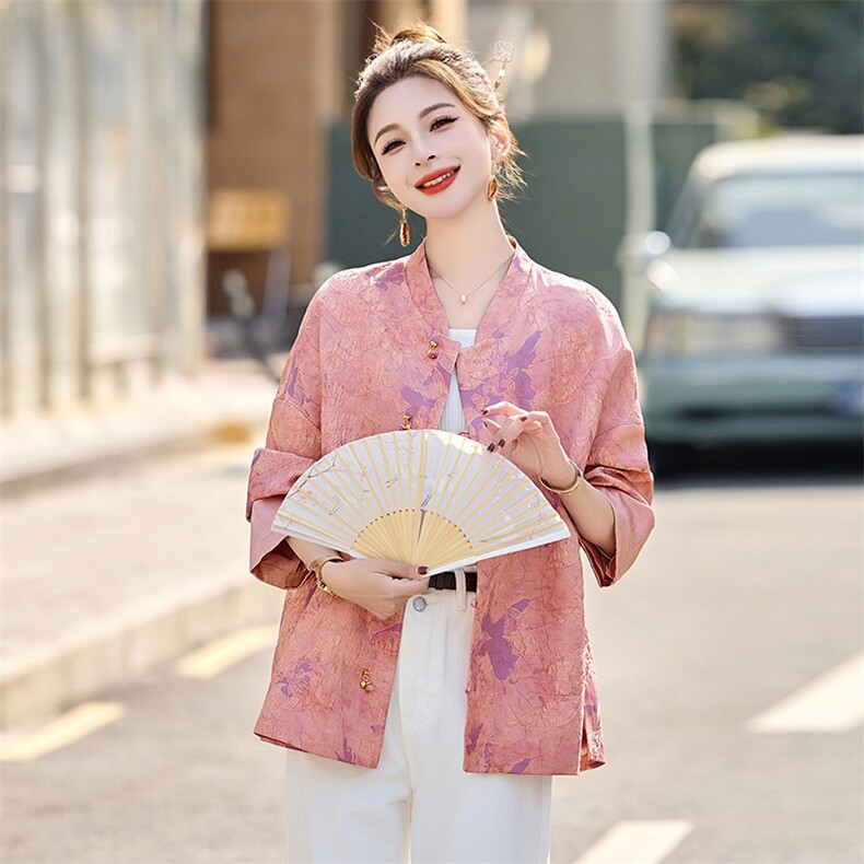 新中式印花国风短外套女2025春秋新款宽松气质百搭年轻款唐装上衣,女装短外套,美沁
