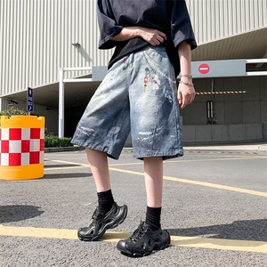 美式潮流钥匙挂链印花牛仔阔腿短裤做旧水洗宽松显瘦休闲七分裤图片