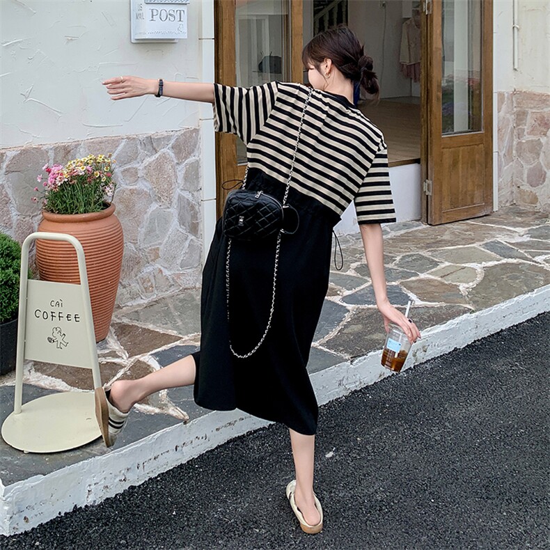 03现货主推款经典条纹宽松版型拼接假两件套裙2C239P125K178,女装连衣裙,2C239