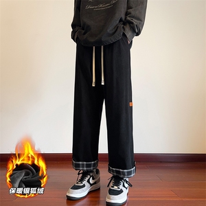 2025冬加绒加厚宽松大码阔腿裤格子翻边休闲裤 JRK8711/P55 黑色8图片