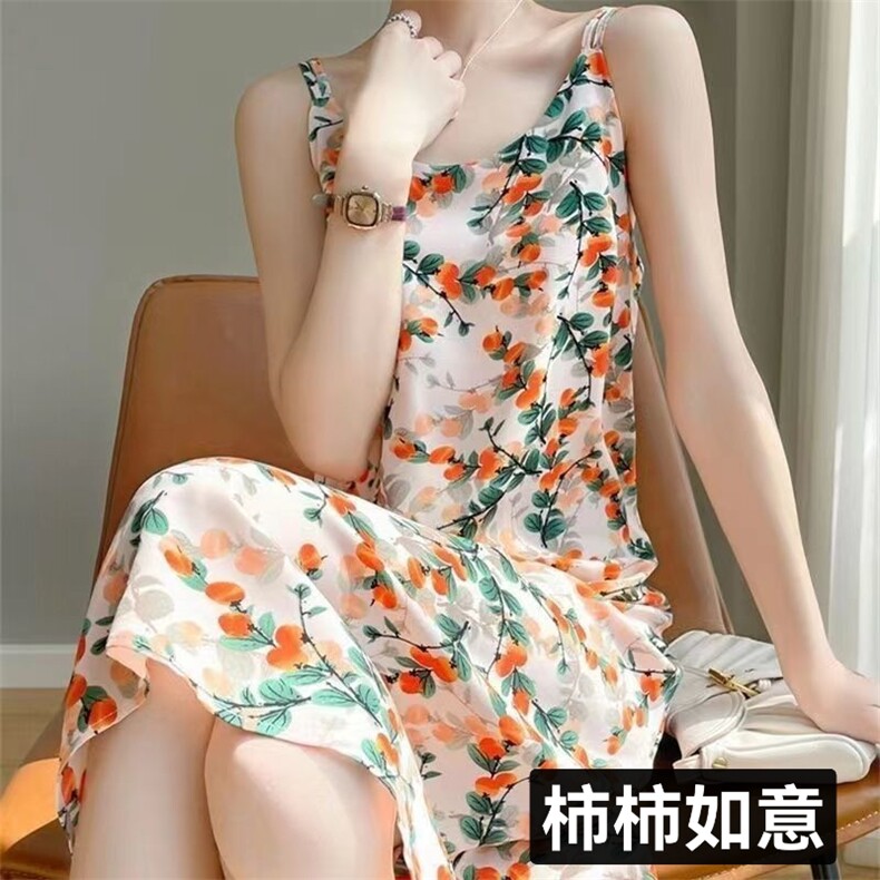 夏季高级吊带连衣裙女西装内搭无袖V领醋酸缎面长款打底背心长裙,女装连衣裙,思沃羊绒