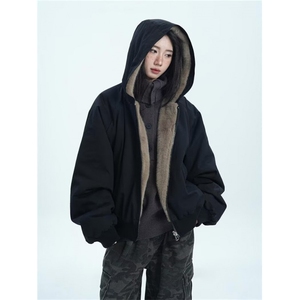 网图加绒重磅座山雕不掉毛两面穿仿兔毛连帽外套YY2527-特P108,女短黑羽绒服搭配图片