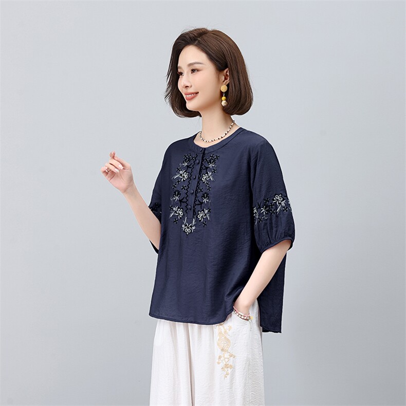 高端时尚妈妈装苎麻女2025夏季新款洋气刺绣衬衫休闲裤,女装衬衫,凝聚力