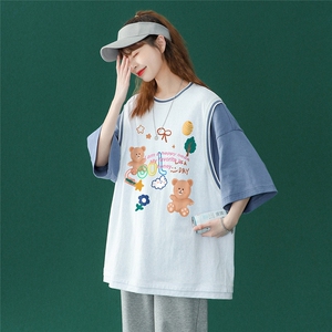 中性 纯棉夏季休闲宽松新款假两件短袖T恤女情侣 T6603 P40控58图片