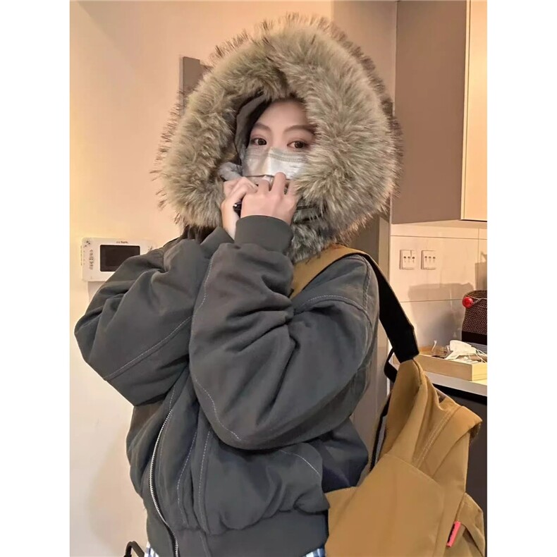 潮美式座山雕棉服女冬季cleanfit设计感短款加绒加厚派克服棉衣图片