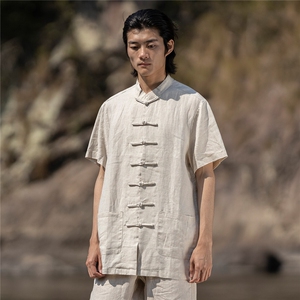 纯亚麻夏季薄款宽松短袖上衣风复古唐装盘扣衬衫男CS06图片