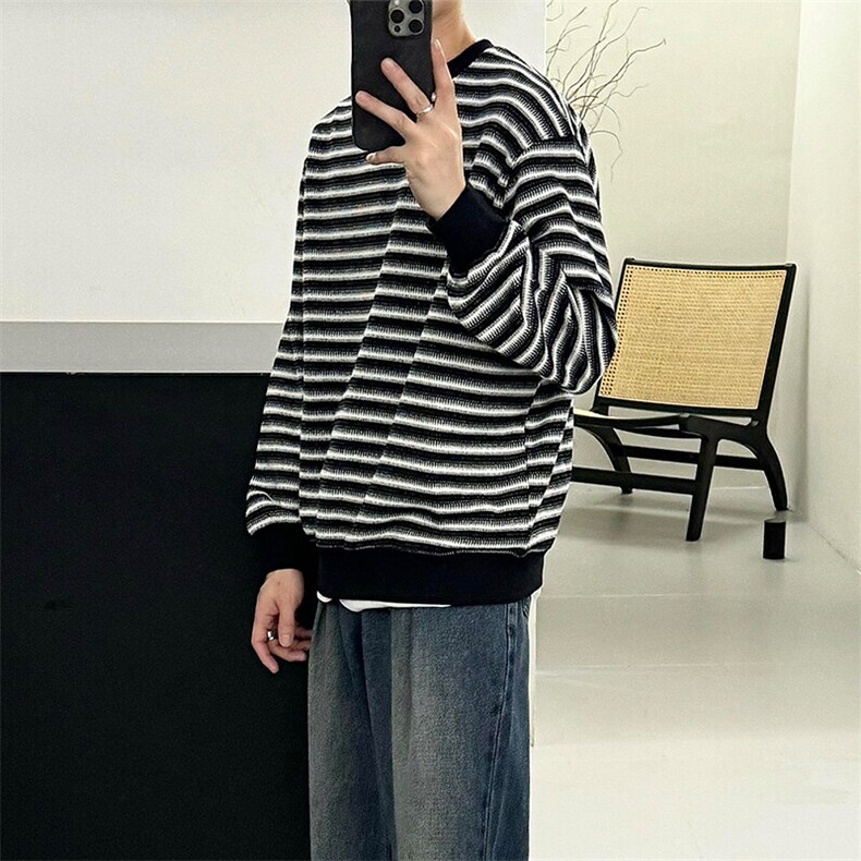 【有货】DA178-P55黑白条纹长袖t恤男春秋季圆领卫衣纯棉打底衫,男装卫衣,星座603-2