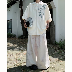 新中式风竹子刺绣短袖衬衫男夏季休闲唐装外套痞帅高级感衬衣服图片
