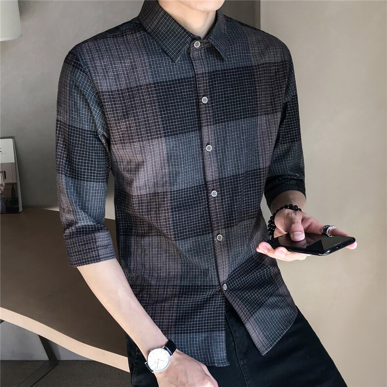 现货2021格子七分袖衬衫男修身夏季中袖衬衣CS22P50控68,男装衬衫,电商B413