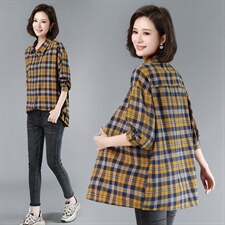 长期大货现货，秋春装新款格子衬衫女长袖棉外套宽松显瘦上衣女，女装衬衫，涵誉