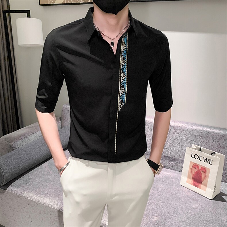 黑夏季新款男士刺绣五分袖衬衫男休闲中袖寸衣301A-1/CS363/P55,男装衬衫,星座301A-1