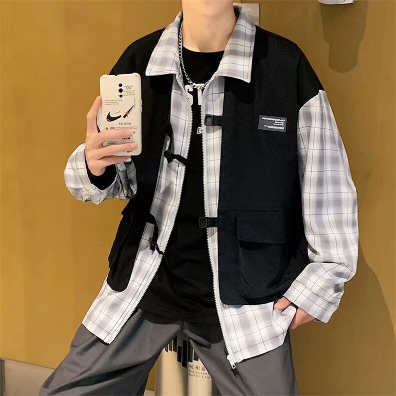 春秋季日系潮牌工装外套男假两件潮流宽松港风机能风W1666-P55,男装衬衫,星座512-4