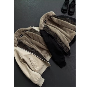 现货 美式宽松PU皮立领拼接座山雕短款棉服M0010/P105图片