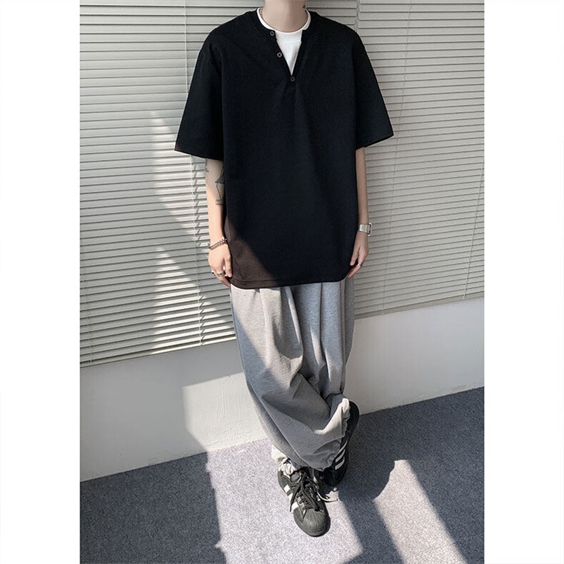 现货T10132-特批33控65夏季新款假两件曼巴棉大码撞色T恤,男装T恤,电商A059
