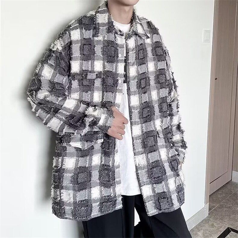 秋季韩版小众时尚潮流长袖衬衫男上衣格子毛边休闲痞帅衬衣C635,男装衬衫,星座1116A-1（原606A）