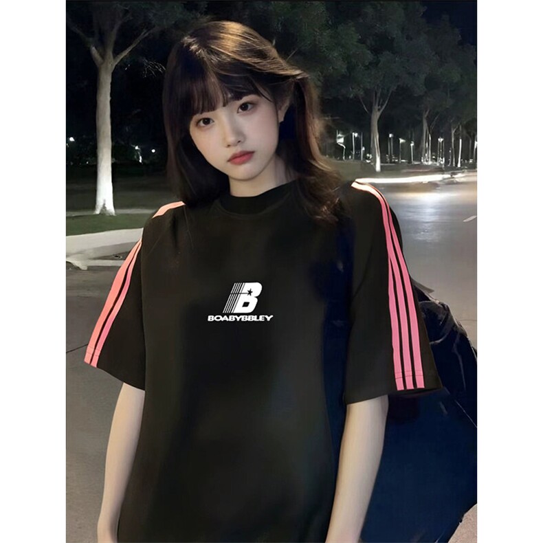 抖音得物品质二开240克宽松纯棉美式潮牌印花三条杠中性风短袖T恤,男装T恤,电商A486-1