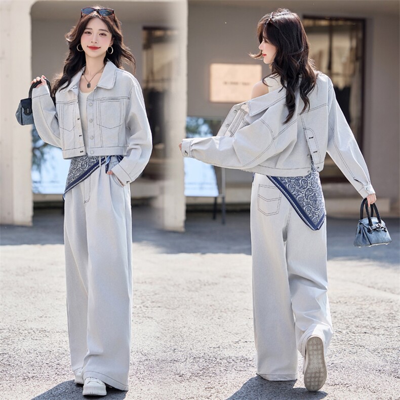 2025春季新款牛仔阔腿裤套装女后背开叉短外套设计两件套配三角巾,女装套装/套裙,雅静靓衣