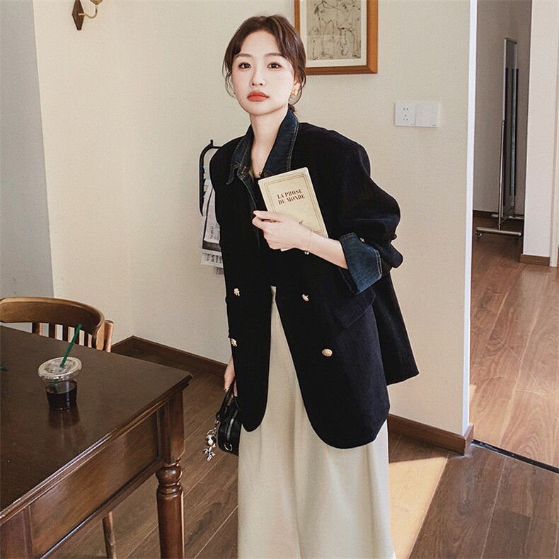 现货原创26春款牛仔灯芯绒拼接假两件西服2C293-Q813-P175-K258,女装西装,2C293