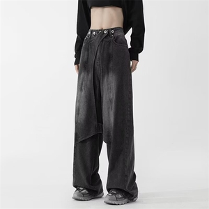 美式解构纽扣做旧牛仔裤宽松洗水阔腿裤子1001-1-GS738-P58图片