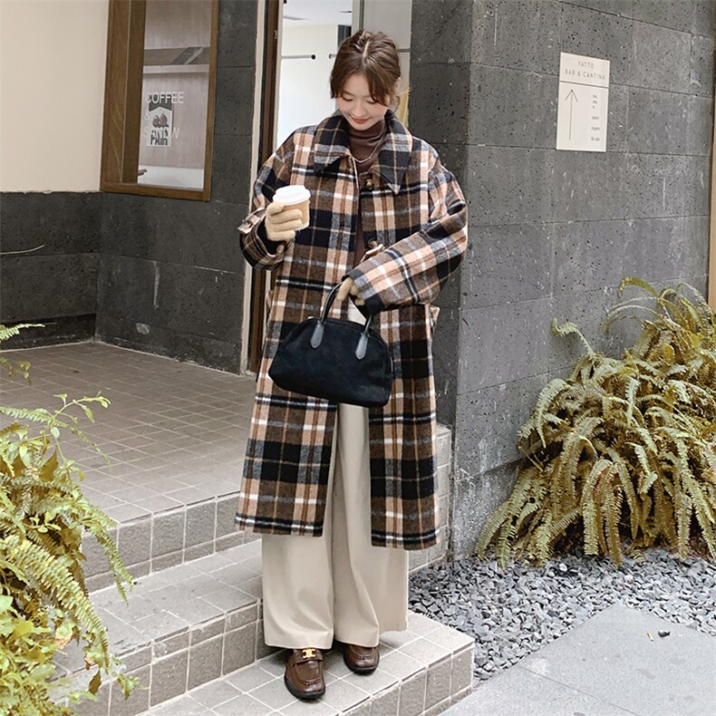复古格纹休闲毛呢外套女秋冬超火好看高级小众中长款加厚呢子大衣,女装毛呢外套,浙宝276（原081）