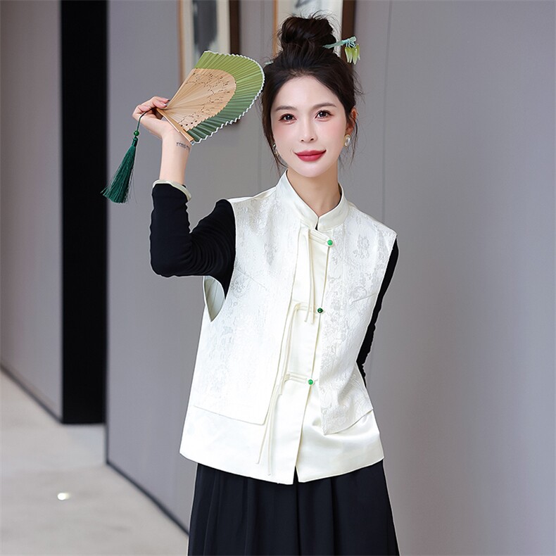 现货新中式马夹女2024年春季新款提花复古盘扣百搭马甲外套,女装马甲,时尚俏佳人