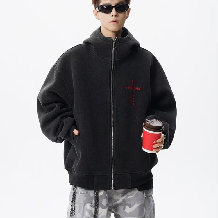 美式慵懒风外套男秋冬季hiphop复古连帽开衫卫衣大码宽松情侣上衣,女装短外套,星座218-8
