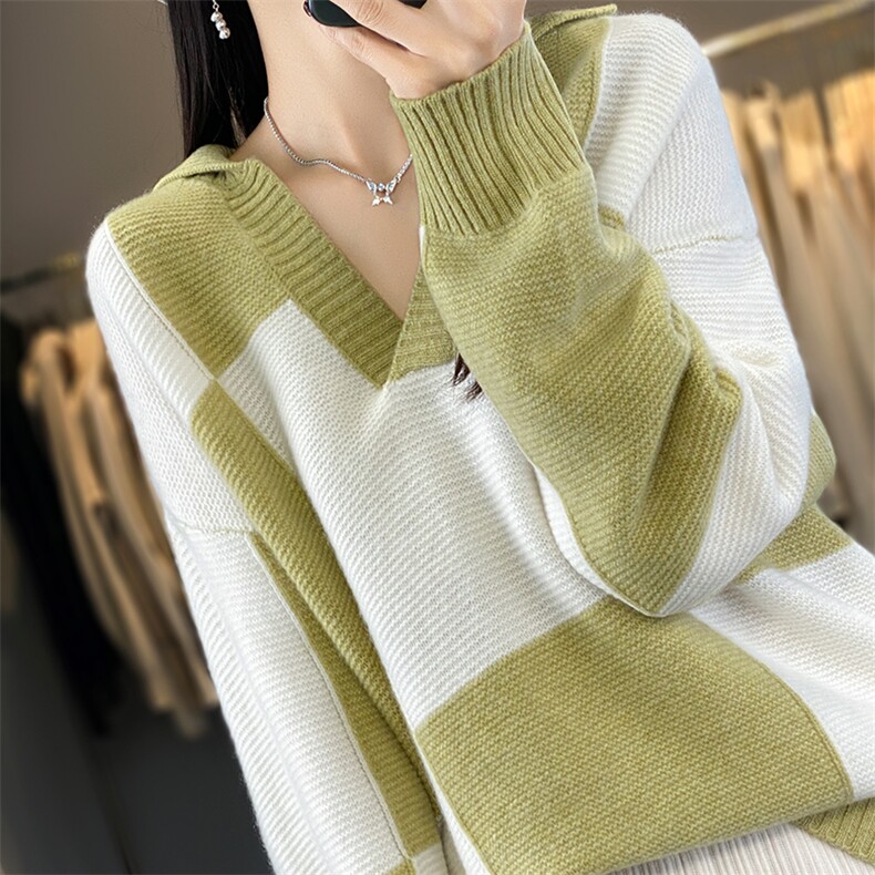 拼色POLO领100%纯羊毛衫女秋冬款长袖毛衣宽松慵懒羊绒衫打底上衣，女装羊毛衫，冀清阳荣