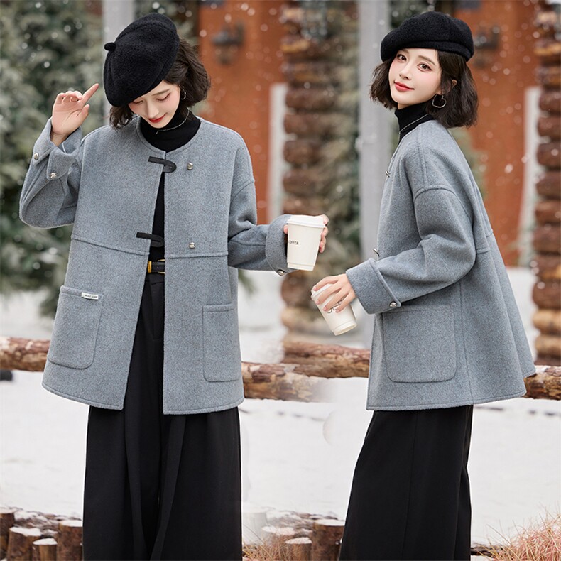 2024新款双面羊绒大衣中长款保暖手工缝制羊毛圆领大衣外套，女装双面呢大衣，冬木谷雨