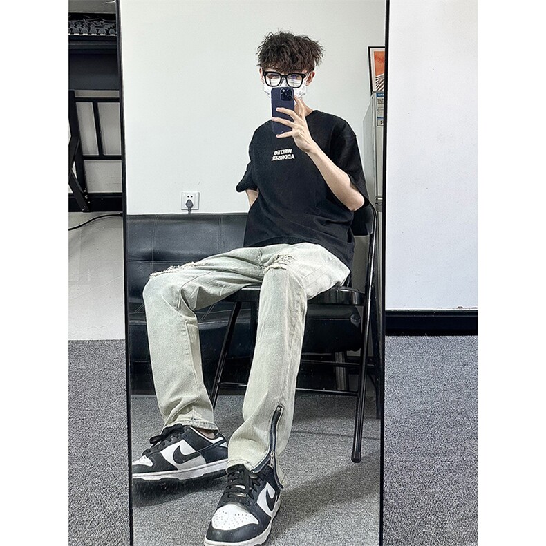 B221美式ins高街暗黑拉链小脚弹力破洞牛仔裤LK23060-P65控88，男装牛仔裤，电商B221