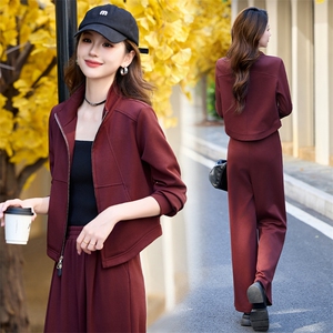 红休闲运动套装女2024秋新款气质修身开衫外套阔腿裤两件套图片