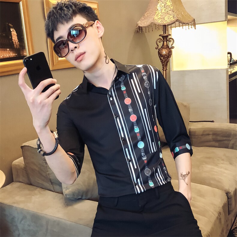 2021新款男社会风印花衬衫服修身休闲中袖夜店衬衣工作服D445图片