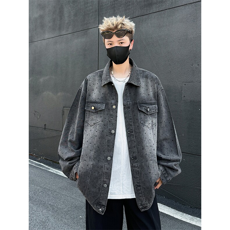 得物品质秋款男牛仔裤铆钉铺满宽松休闲外套JAK2557P100，男装工装外套，星座1013-1