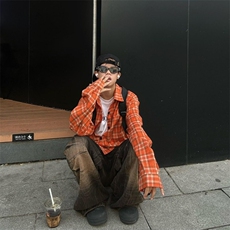 复古橙色格子衬衫男女高cleanfit外套潮牌街头衬衣网图CS234-P35，男装衬衫，星座1001-1