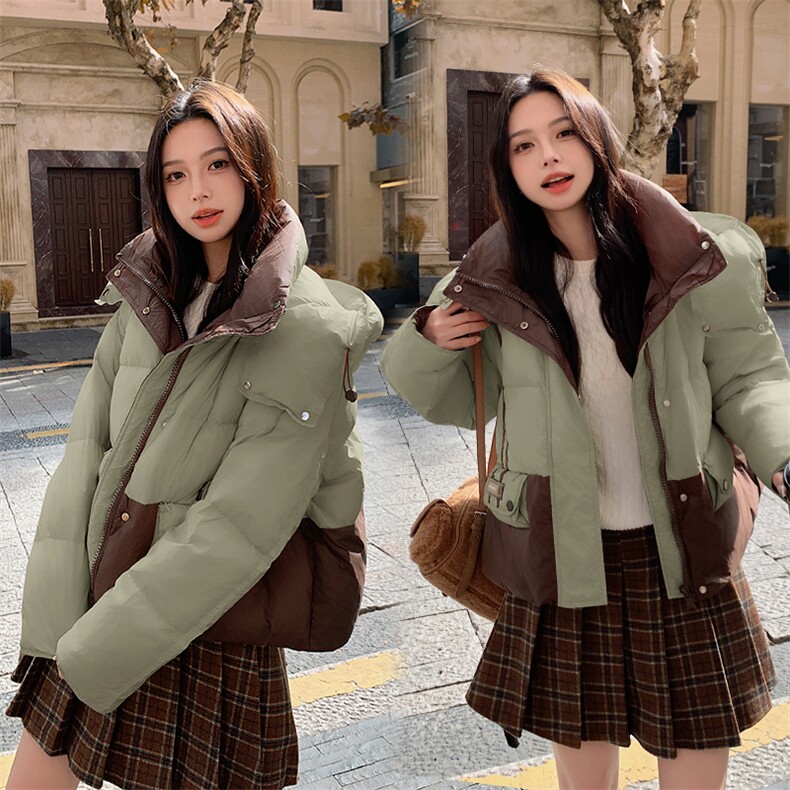 连帽撞色拼接时尚连帽羽绒服2024年冬季,女装羽绒服,微微衣阁
