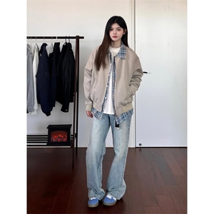 格纹假两件夹克男女美式复古街头宽松休闲情侣外套潮LY66333-P70图片