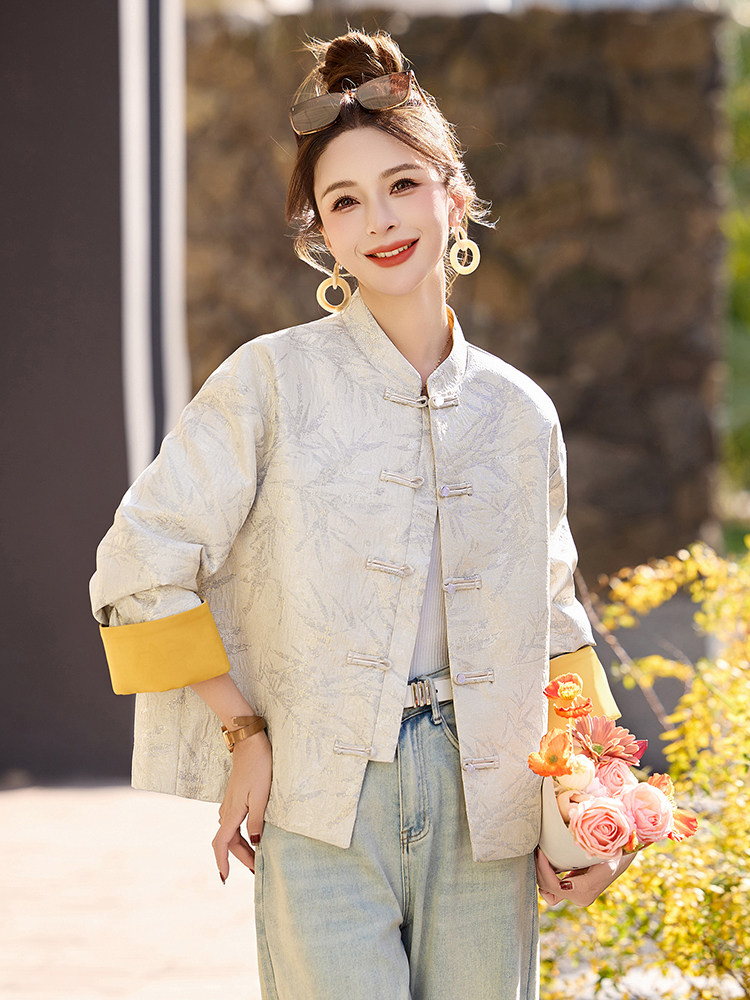 新中式国风提花短款外套女2025春季新款盘扣高端气质撞色唐装上衣,女装短外套,依如秀(原杭风阁)
