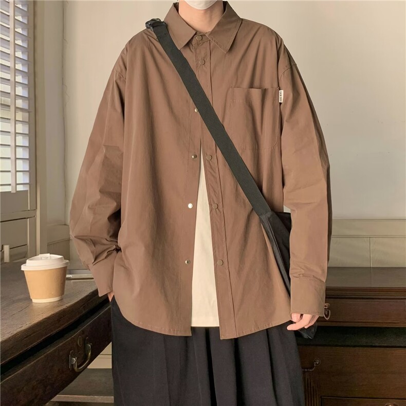长袖衬衫男秋季日系复古纯色宽松翻领衬衣ins潮流RC60P35图片