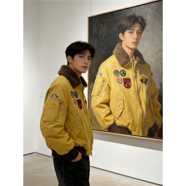 黄色徽章刺绣飞行夹克毛领棉服男冬季防寒保暖短款夹克高级感外套,男装夹克,星座1210-1