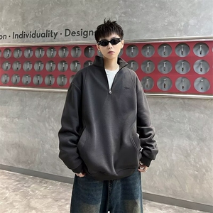秋季重磅磨毛刺绣男士卫衣美式复古半拉链立领POLO衫宽松套头外套图片